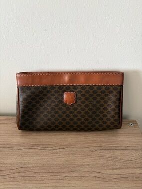 Celine Brown Macadam Pattern Clutch Purse Bag Leather Trim